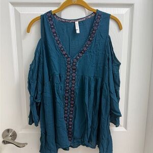 Xhilaration Teal Cold Shoulder Blouse with Embroidery